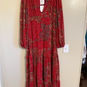 Chic Long Sleeve Floral Dress in Vibrant Red